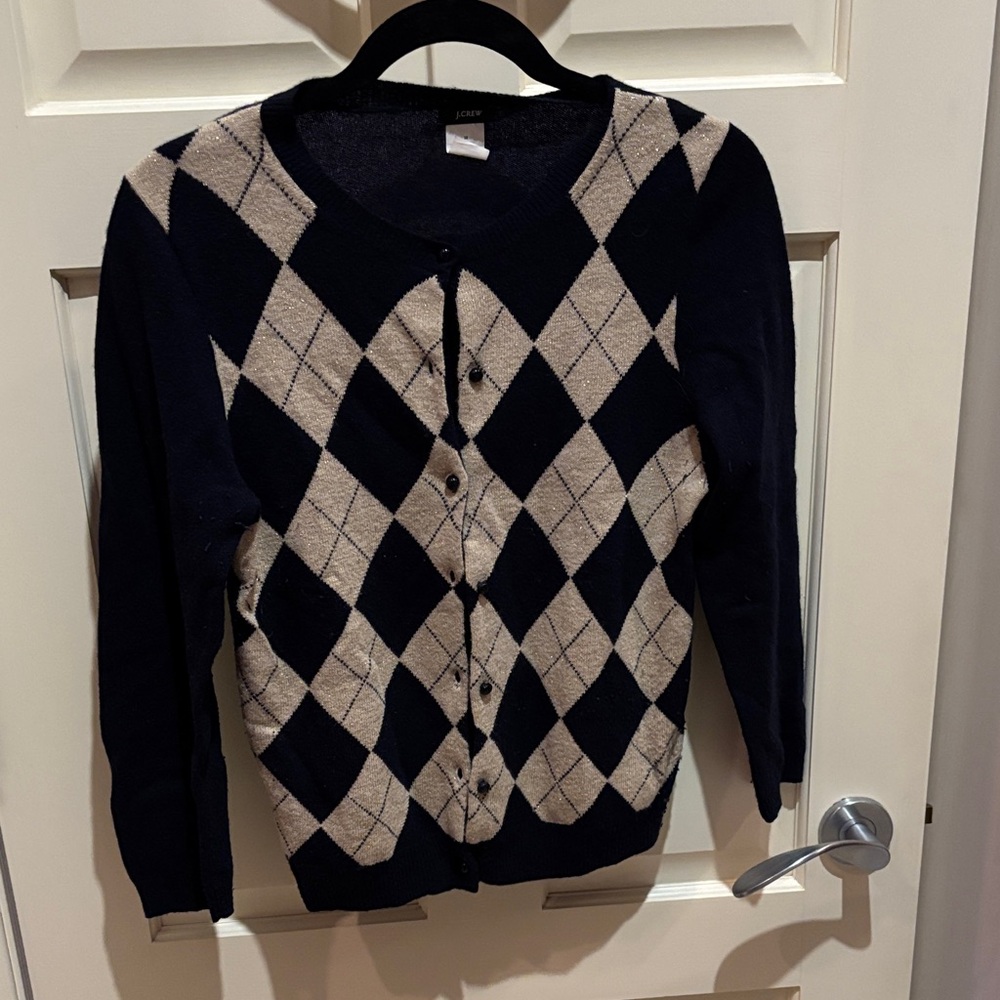 J. Crew Navy and Gold Argyle Wool-Cashmere Blend Cardigan